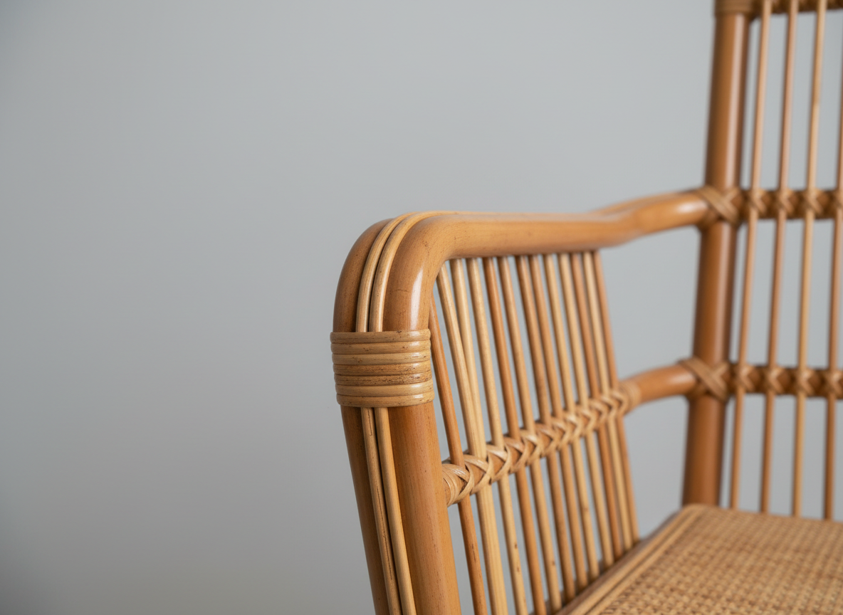 A close-up, detail-focused shot of a custom rattan armchair corner, highlighting the flawless joinery of the frame, the tight, even weave of the natural fibers, and the smooth, hand-sanded edges of the armrest. The rattan displays subtle variations of honey, caramel, and light tan tones. The chair sits in a neutral studio setting with a seamless light gray backdrop that fades softly into blur. Controlled soft-box lighting from the left creates delicate highlights along each strand, emphasizing craftsmanship and texture. Photographed with a shallow depth of field and macro-like precision, the composition feels technical and professional, ideal for showcasing export-quality manufacturing and premium handmade construction in photographic realism.