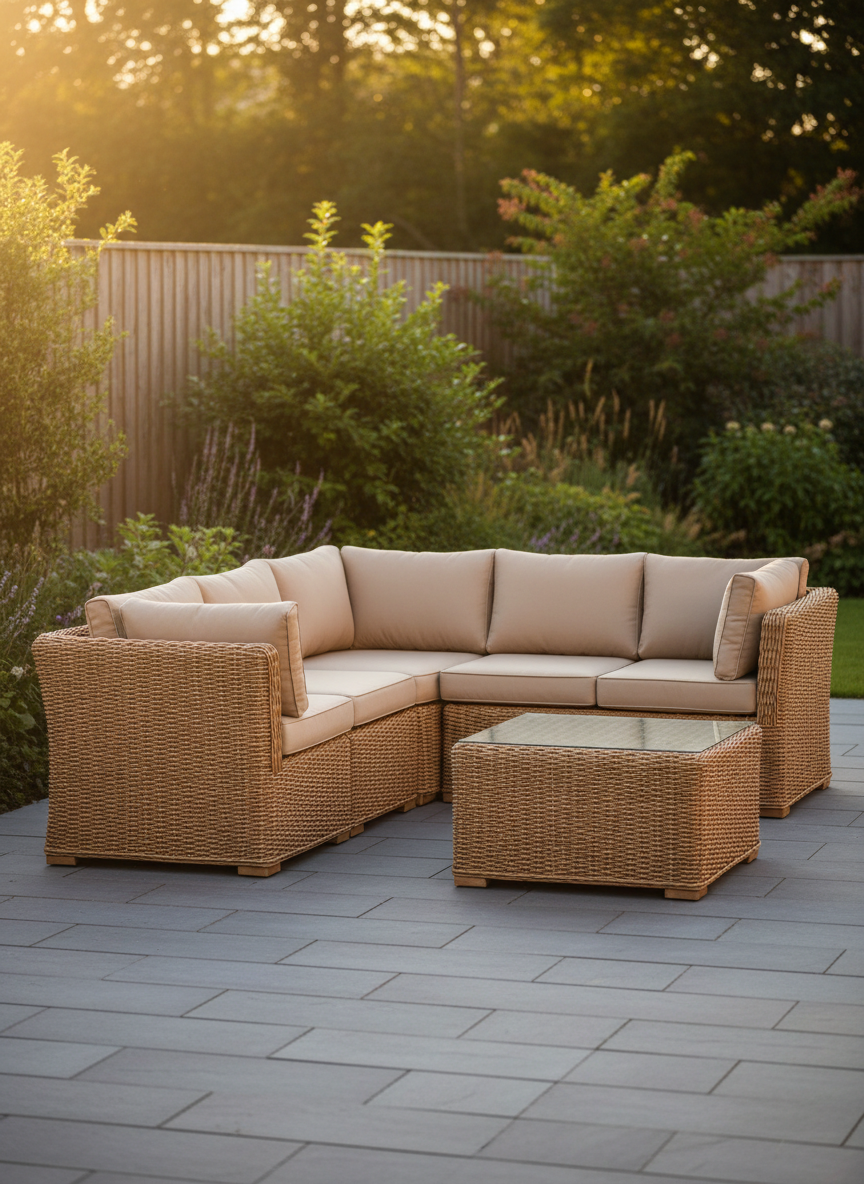 A modern outdoor patio scene featuring a custom-made rattan sectional sofa in a natural light-brown tone, with thick weather-resistant beige cushions and precise, even weaving along the armrests and base. The sofa is arranged around a low rectangular rattan coffee table with a tempered glass top, set on a smooth stone terrace. In the background, lush greenery and a blurred suggestion of a garden fence create a private oasis. Late afternoon golden hour sunlight bathes the furniture, casting elongated soft shadows and warm highlights on the rattan texture. Shot from a wide, slightly elevated angle with a balanced composition, the photographic image conveys comfort, durability, and an inviting, resort-like atmosphere.