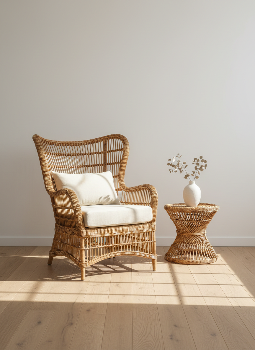 A meticulously crafted rattan lounge chair with a high curved back, tight uniform wicker weaving, and smooth honey-brown finish, paired with a low matching side table holding a simple white ceramic vase. The set is arranged in a bright indoor living space with light oak flooring and a plain off-white wall, showcasing the furniture as the clear hero. Soft morning sunlight pours in from an unseen window to the right, creating gentle highlights on the rattan texture and soft shadows on the floor. Photographed at eye level with a clean, centered composition and moderate depth of field, the scene feels professional, calm, and export-catalog ready, in crisp photographic realism.