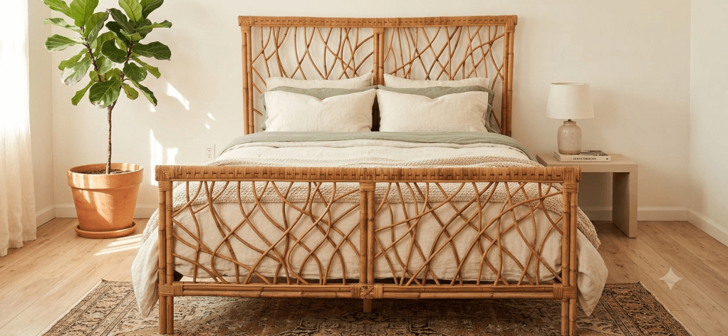 Capri rattan bed set in a bright bedroom.