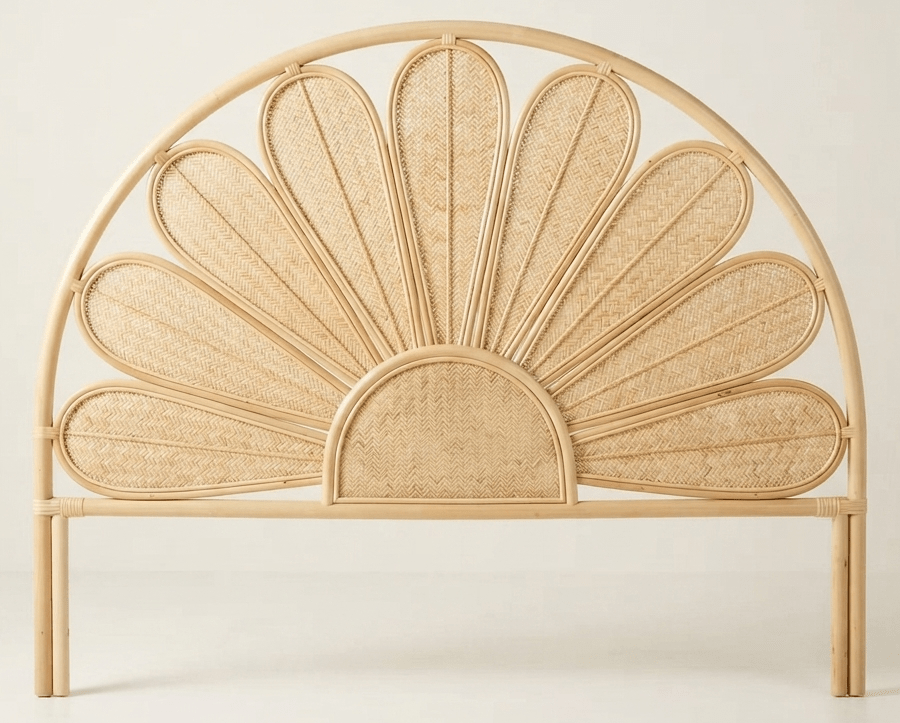 Flora rattan headboard with natural weave texture.