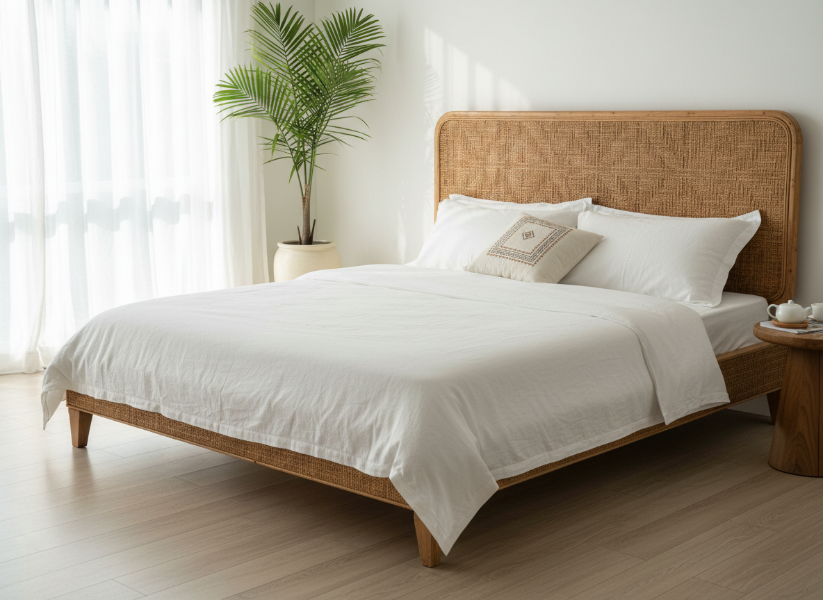 A beautifully crafted natural rattan bed frame with an intricate woven headboard in a bright, airy bedroom. Natural light, white linen bedding, minimalist Southeast Asian style, product photography.