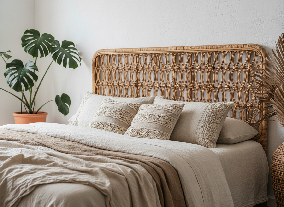 Close-up of rattan headboard weave detail.