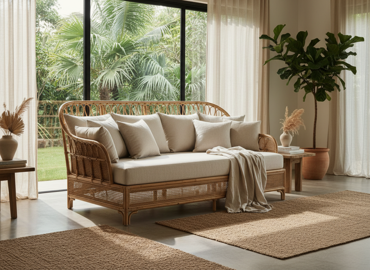 Stylish rattan daybed with rounded woven headboard in a modern tropical living space, neutral palette, linen cushions, warm natural light.