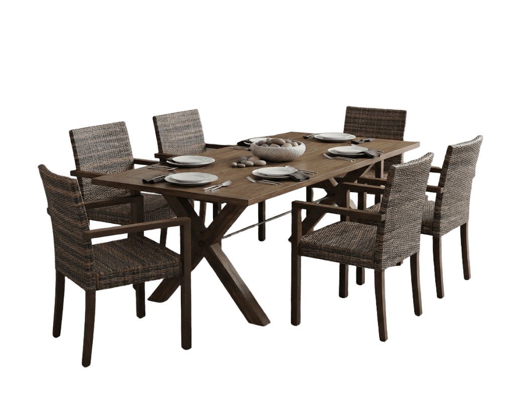 Remove the background from this image, keeping only the dining table and rattan chairs. Make the background transparent.