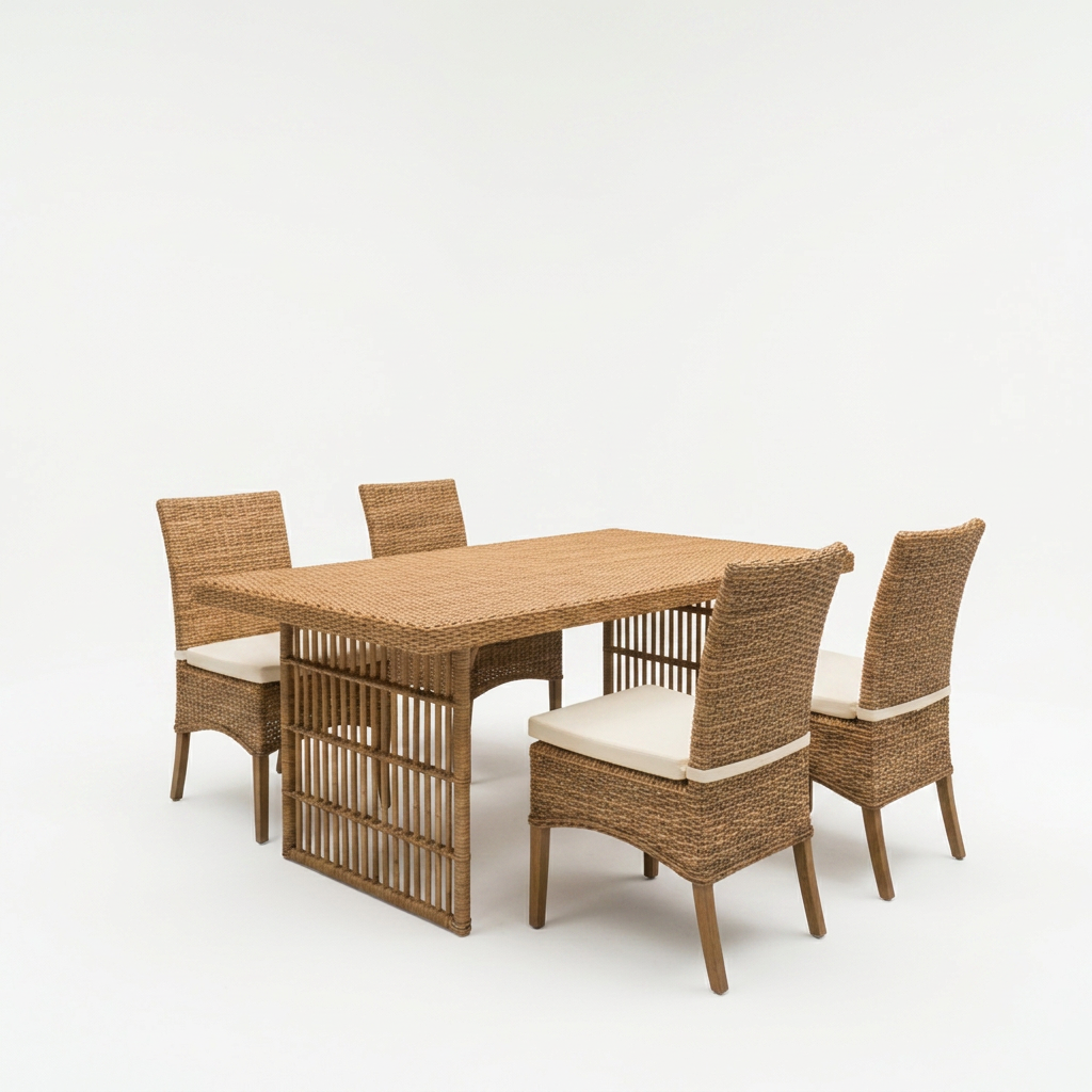 An elegant rectangular rattan dining table with a tightly woven top and sturdy latticework base, surrounded by four matching armless rattan chairs with ergonomic curved backs and cream-colored seat cushions. The set is positioned in a minimalist indoor showroom with smooth concrete flooring and a neutral taupe backdrop, allowing the warm natural tones of the rattan to stand out. Overhead, diffused studio lighting evenly illuminates every detail of the weaving, creating subtle highlights without harsh reflections. Captured from a slightly elevated three-quarter angle with sharp focus throughout, the composition emphasizes quality craftsmanship, durability, and export-ready professionalism in a clean, contemporary photographic style.